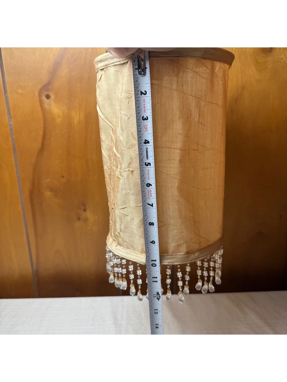 Vintage Gold Silk Bell Lamp Shade With Beaded Crystal Fringe 7 Inch